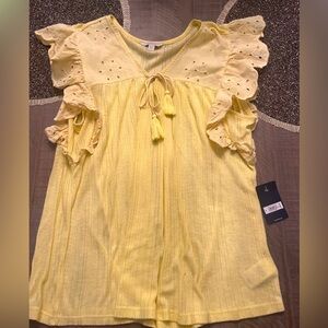 Lucky Brand Light Yellow Flutter Sleeve Top-NEW